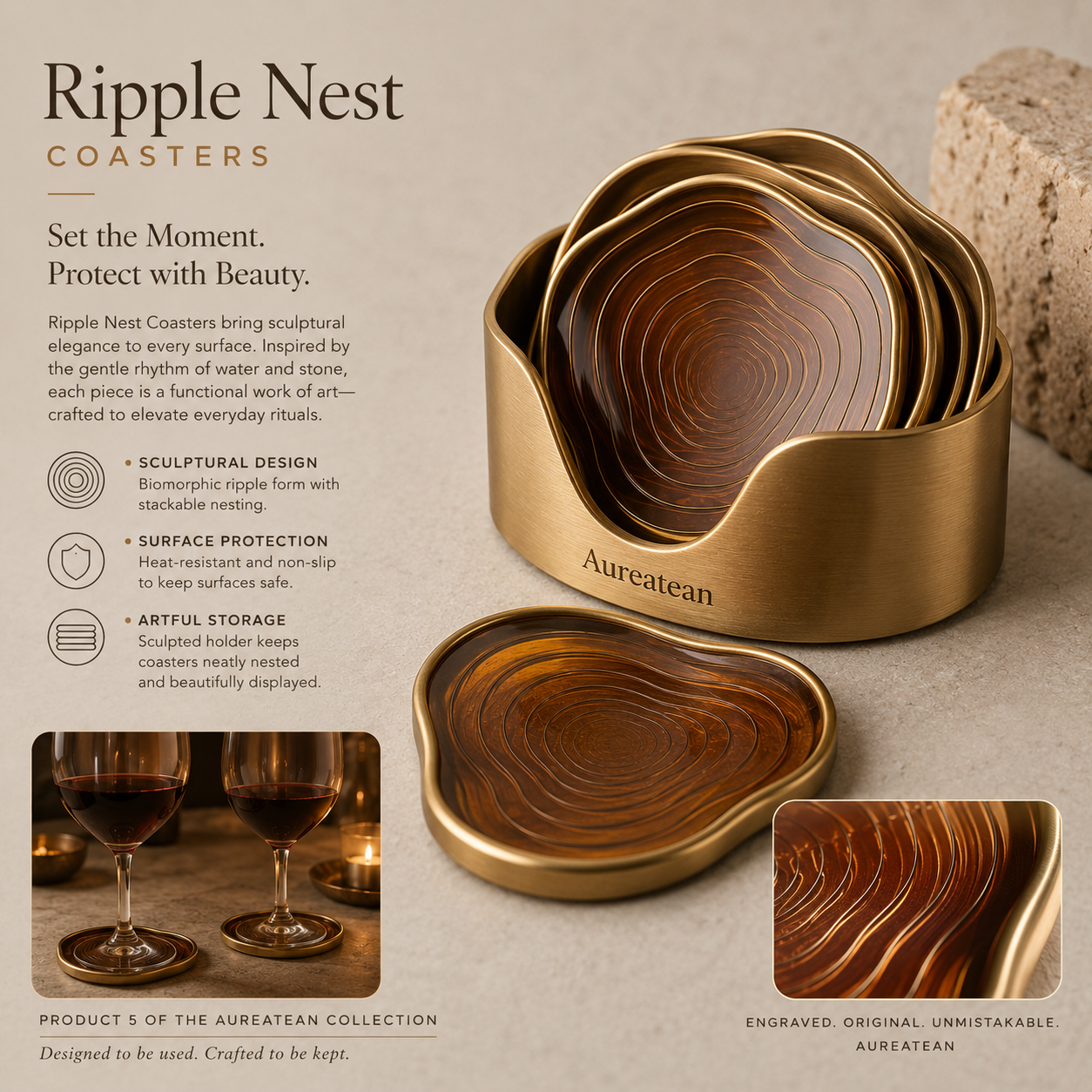 Aureatean™ Ripple Nest Sculptural Coaster Set